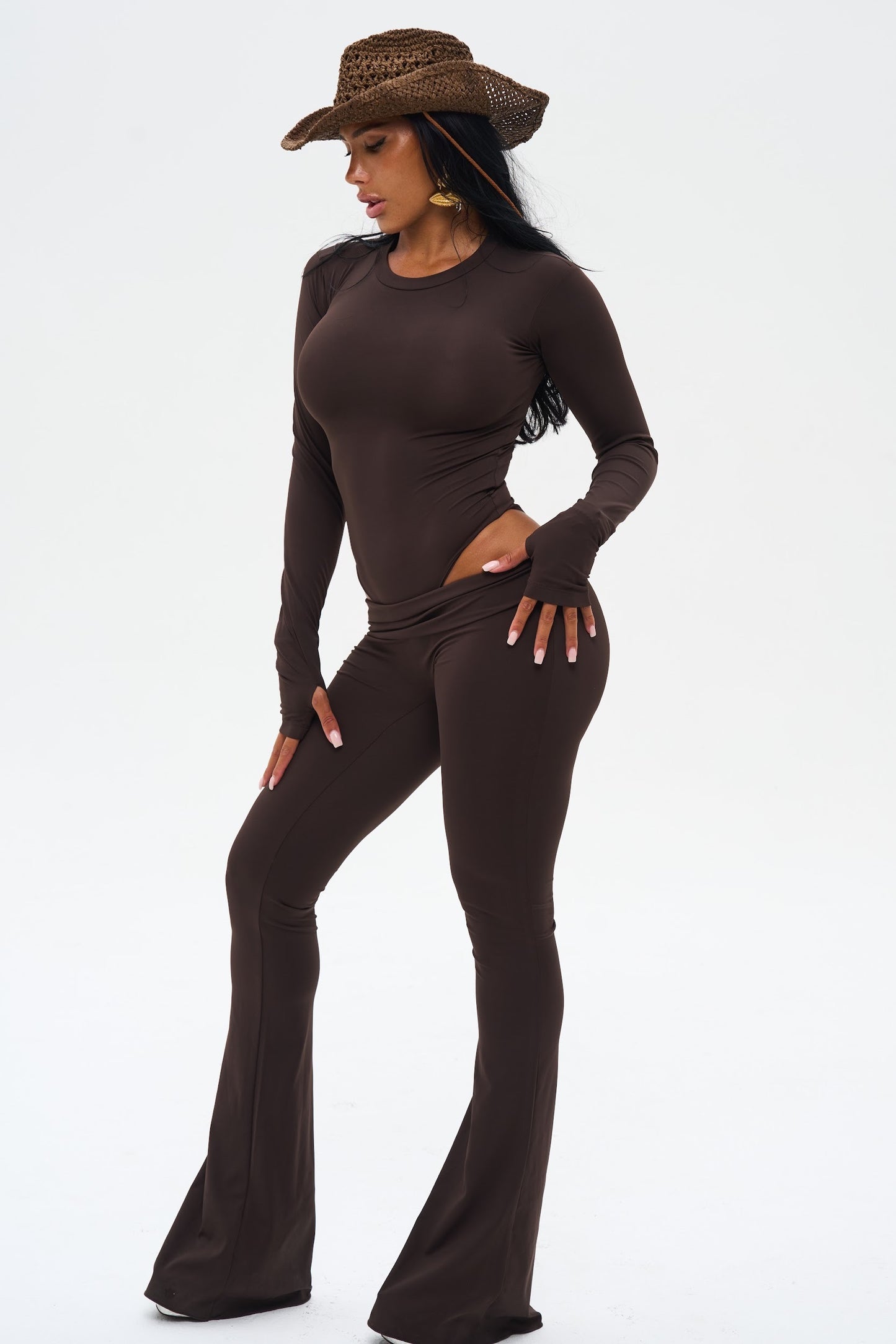 BODY THONG MANCHES LONGUES - MARRON