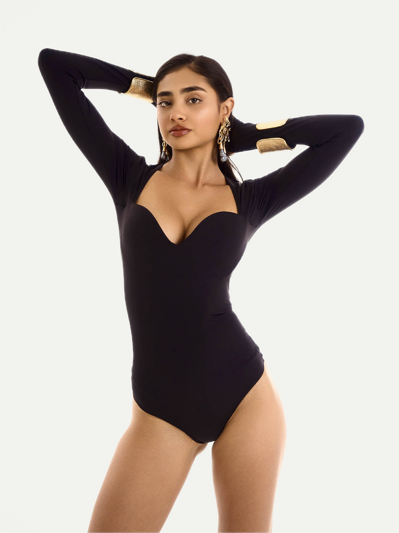 Body de manga larga con diseño de reloj de arena negro de Chanel