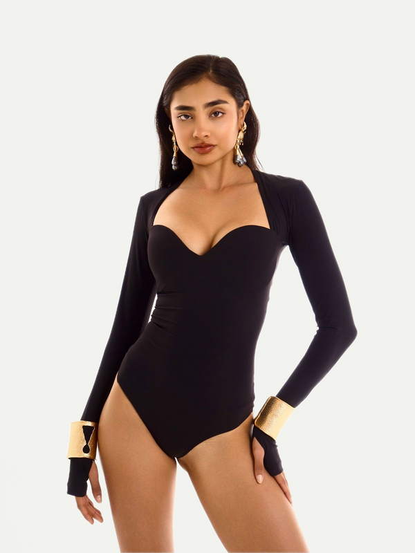 Body de manga larga con diseño de reloj de arena negro de Chanel